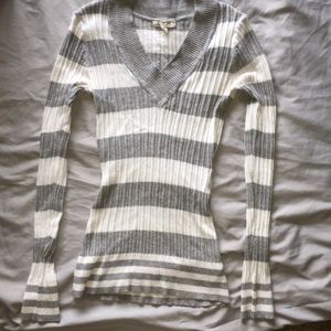 White and grey striped sweater